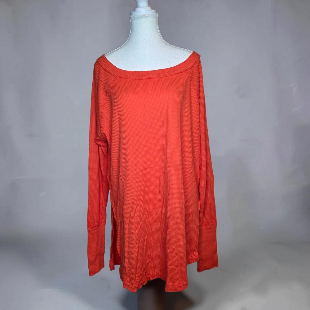 We The Free Orange Waffle Knit Oversized Thermal Top Medium Long Sleeve Slouchy